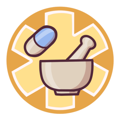 a yellow circle with a large medical alert asterisk inside it, and a blue and white pill, and a white mortar and pestle, pictured in the center.